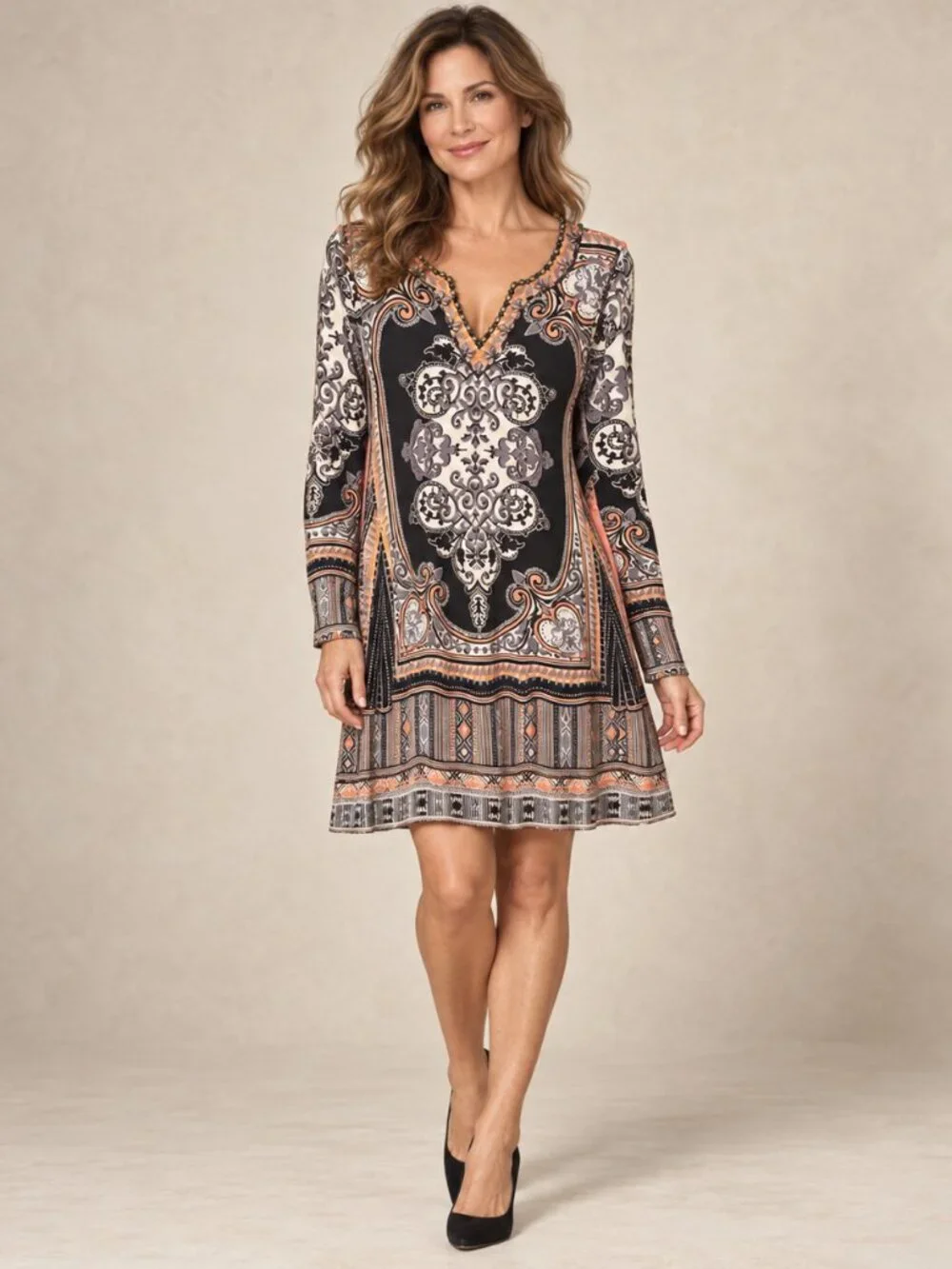 Hale Bob NWT Beaded Paisley Border Print Long Sleeve Dress L